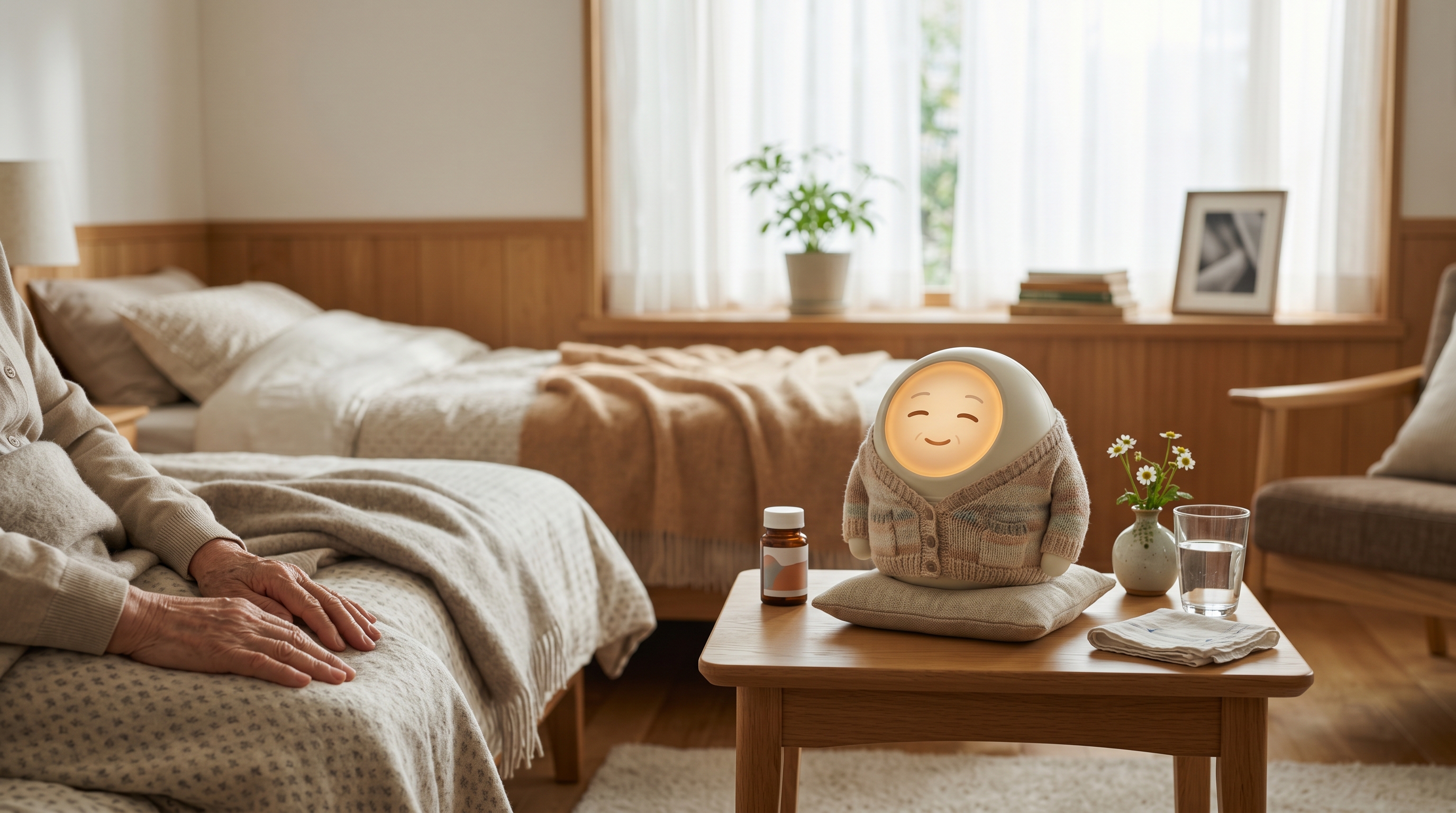 介護室、おばあちゃん AI と薬瓶とカモミール